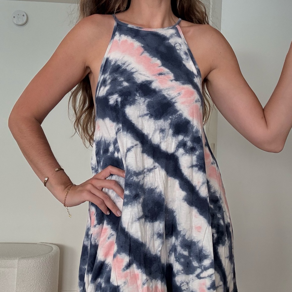 Tie-Dye Halter Swing Dress in Navy, Pink & White